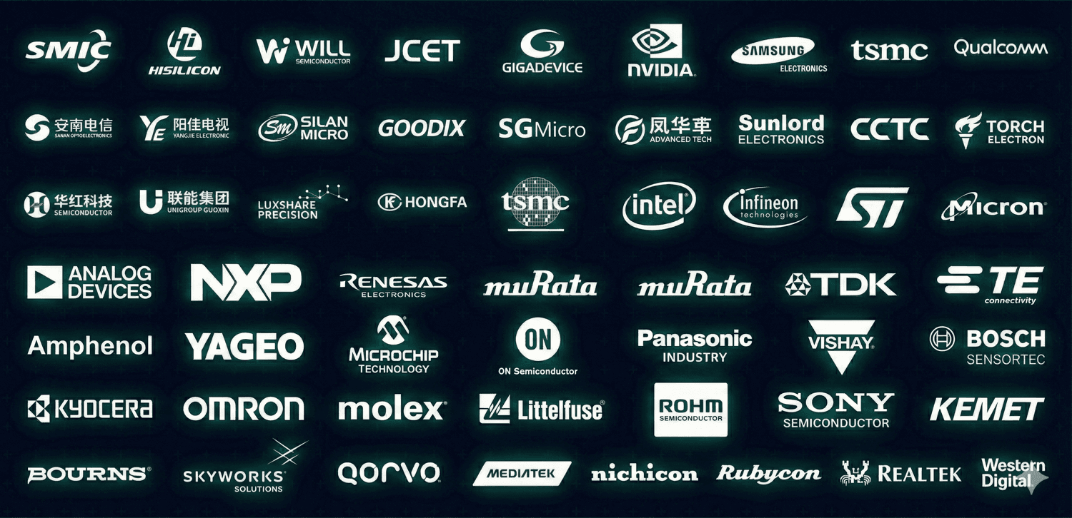 Global electronic component manufacturers: Intel, Nvidia, Texas Instruments, STMicroelectronics, Analog Devices, NXP, Qualcomm, Samsung, Murata, TDK and more